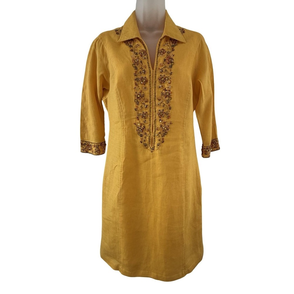Luisa Spagnoli Dress Womens 42 6 Yellow 100% Linen Beaded Tunic Shift 3/4 Sleeve